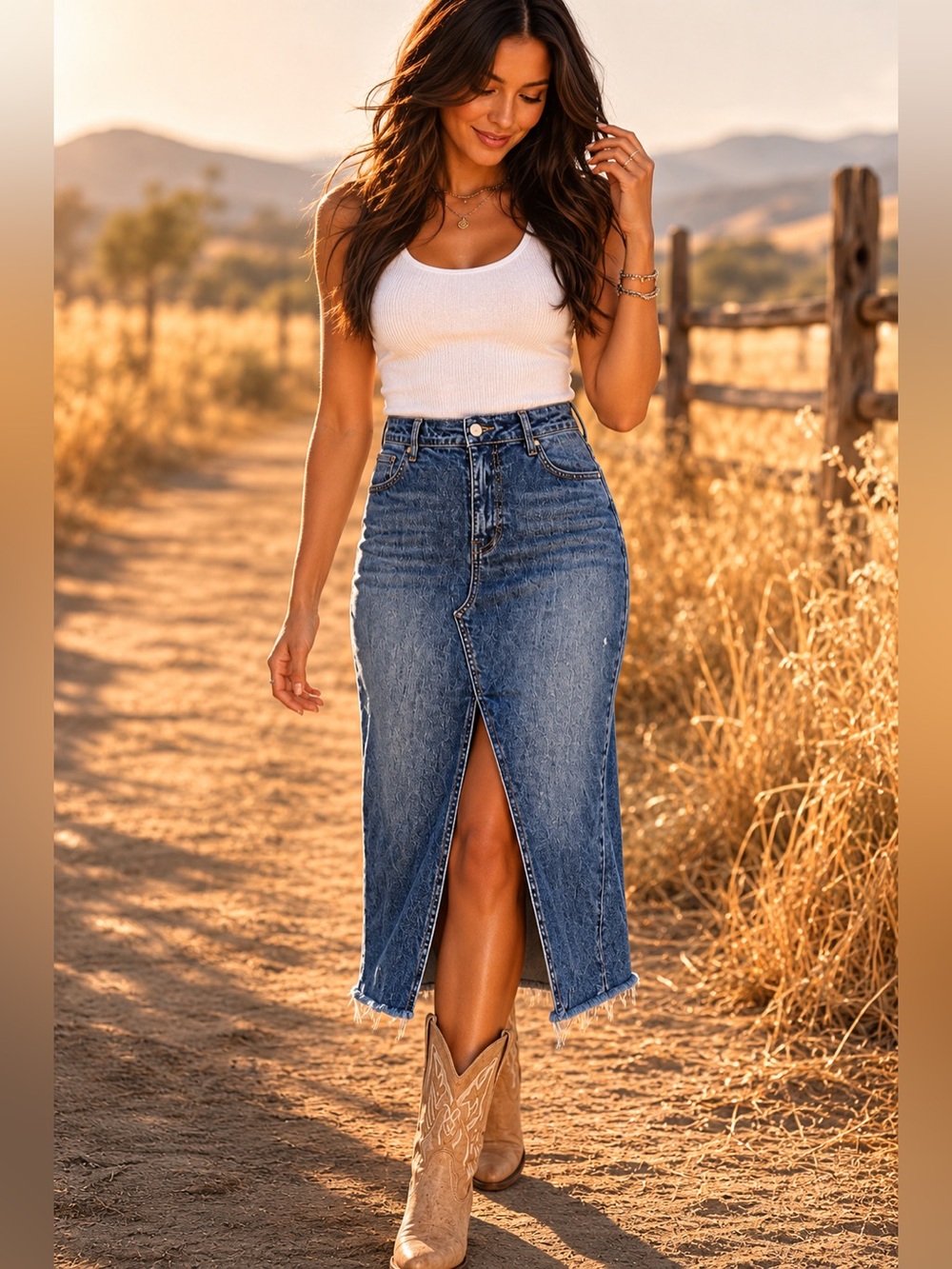 Denim Midi Skirt Front Slit Raw Hem Cowgirl Festival Western Y2K